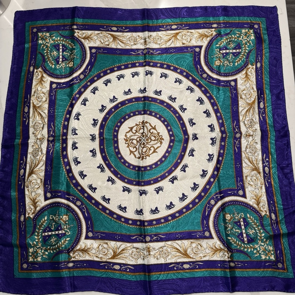 Unbranded Silk‎ like Square Scarf Horse Carriage Purple Teal 28" Rolled Edges